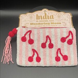 NWT Handmade in India Pink Stripped Cherries Travel Makeup Beaded Pouch Viral